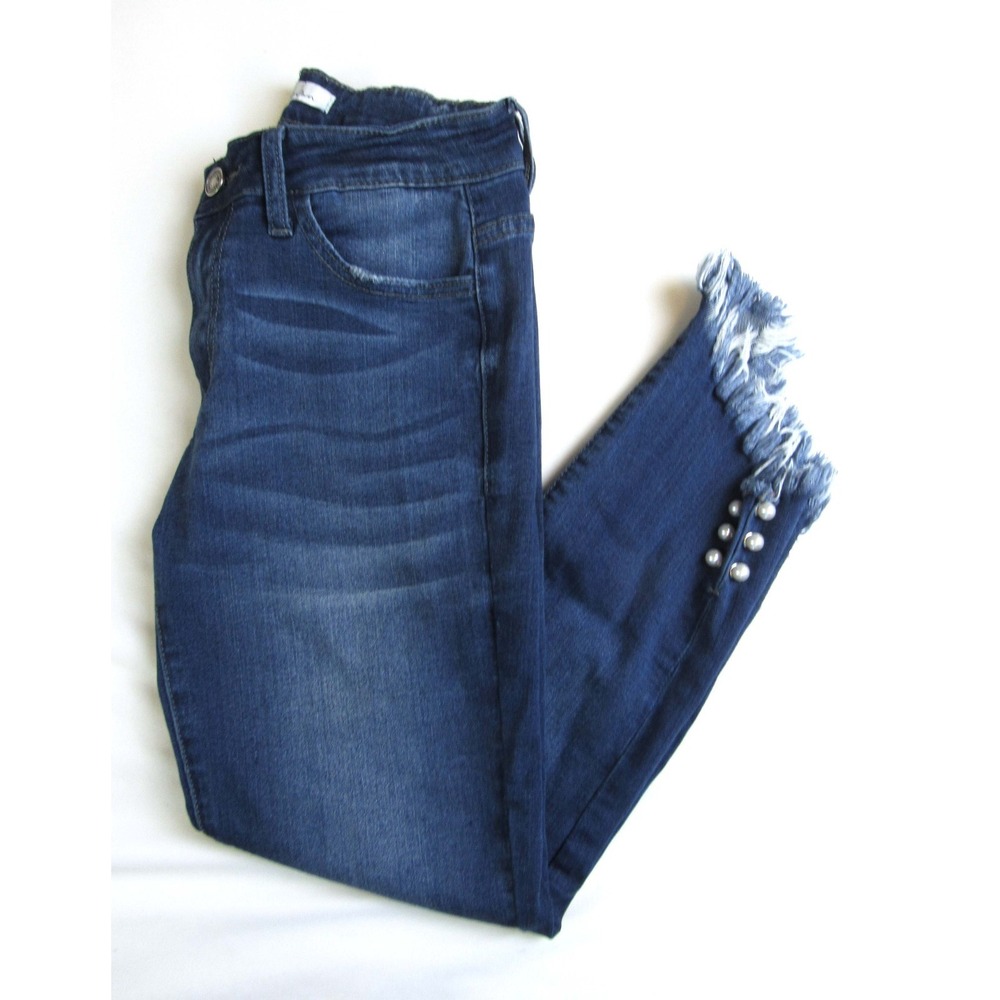 Kancan Ankle Jeans Hi Lo Fringed Hem Faux Pearl Studs Size 27